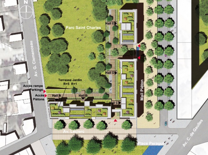 Concours-construction de 90 logements et commerces : plan masse